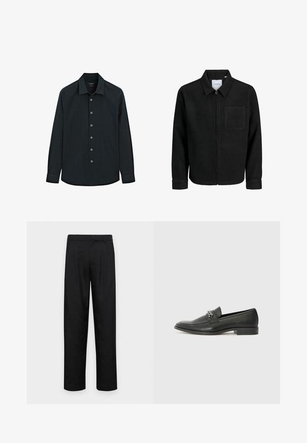 Schwarze Zip-Jacke mit Kragen und einer einzelnen Brusttasche, auf weißem Hintergrund präsentiert.; Schwarzes langärmliges Hemd mit Knopfverschluss und Kragen, sieben Knöpfe auf der Vorderseite und Manschetten, auf weißem Hintergrund präsentiert.; Schwarze Hose aus glattem Stoff, mit geradem Bein Design, zwei vorderen Falten und einem Standardbund mit Gürtelschlaufen.; Schwarzer Lederloafer mit glatter Oberfläche, ausgestattet mit einer gesteppten Gestaltung und einem dekorativen Metallkettendetail über dem Vorderblatt. Flacher Absatz.