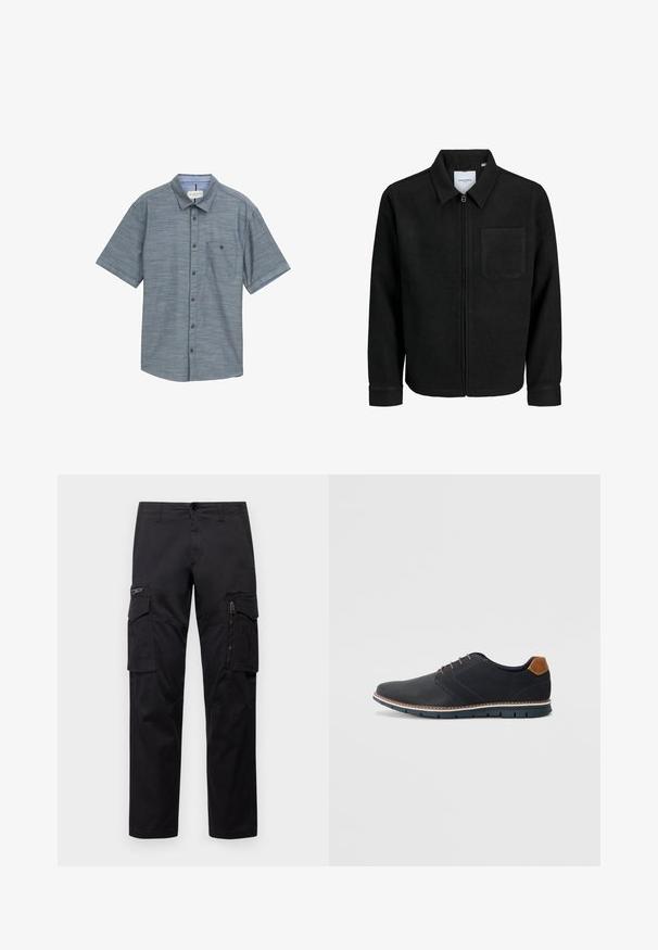Schwarze Zip-Jacke mit Kragen und einer einzelnen Brusttasche, auf weißem Hintergrund präsentiert.; Kurzärmliges Hemd mit Knopfleiste aus hellblauem strukturiertem Stoff, ausgestattet mit einer Brusttasche und braunen Knöpfen. Kragen und Manschetten sind in einem kontrastierenden Blau gehalten.; Schwarze Cargo-Hosen mit mehreren Taschen, einer Reißverschlusstasche am Oberschenkel, geradem Schnitt und strapazierfähigem Baumwollstoff mit leichtem Glanz.; Schwarze synthetische Schuhe mit einer strukturierten Oberseite, glatten Akzenten, braunem Absatz und einer kontrastierenden Sohle. Verfügt über minimale Schnürung und Nähdetails.