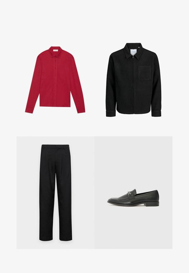 Crna jakna na zip s ovratnikom i jednim džepom na prsima, prikazana na bijeloj pozadini.; Crvena košulja dugih rukava izrađena od pamuka. Ima klasičan ovratnik, gumbe sprijeda i pričvrsne manžete s glatkom teksturom. Bez uzoraka ili akcenta.; Crne hlače od glatkog materijala, s dizajnom ravnih nogavica, dva prednja nabora i standardnim pojasom s petljama za remen.; Crna kožna loafer cipela s glatkom finišem, s ušivenim uzorkom i dekorativnim metalnim lancem preko prednjeg dijela. Ravni potplat.