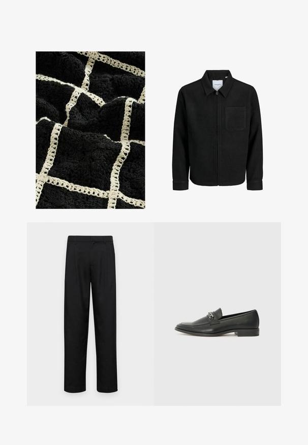 Giacca nera con zip, colletto e una tasca sul petto, mostrata su sfondo bianco.; Coperta nera texturizzata con un motivo a griglia color crema intrecciato, caratterizzata da disegni floreali in rilievo e una finitura morbida e pelosa.; Pantaloni neri realizzati in tessuto liscio, caratterizzati da un taglio dritto, due pieghe frontali e una vita standard con passanti per la cintura.; Mocassino in pelle nera con finitura liscia, caratterizzato da un design cucito e da un accento decorativo in catena metallica sul vamp. Tacco piatto.