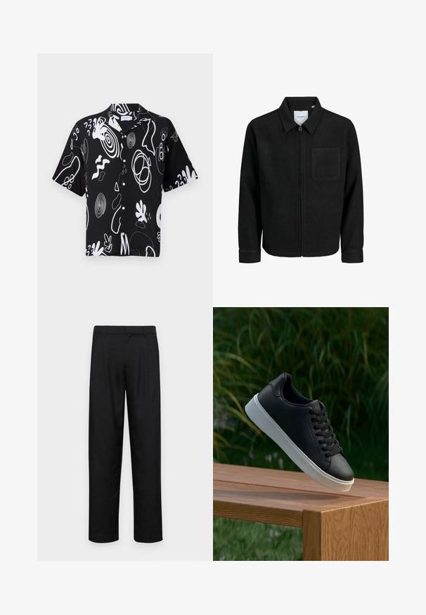 Jachetă neagră cu fermoar, cu guler și un singur buzunar pe piept, expusă pe fundal alb.; Cămașă cu mânecă scurtă din material negru, cu modele abstracte albe îndrăznețe, cu nasturi în față și croi lejer. Potrivită pentru ținute casual.; Pantaloni negri dintr-un material neted, cu un design drept, două pliuri frontale și un tiv standard cu bucle pentru curea.; Adidași din piele neagră cu o textură netedă, talpă din cauciuc alb și șase orificii pentru șireturi, expuși pe o suprafață din lemn.