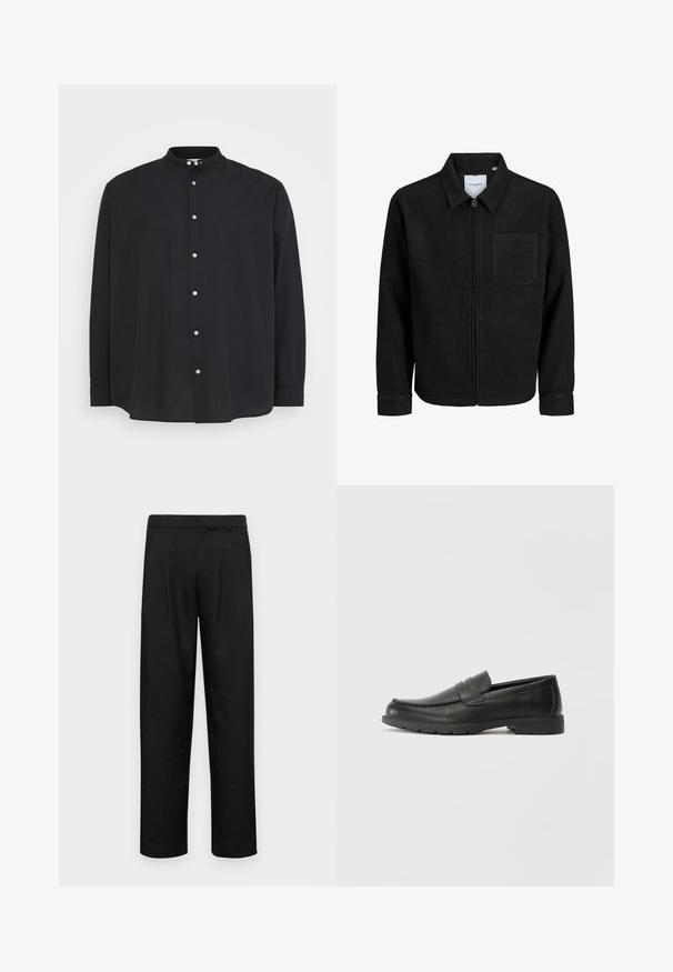 Giacca nera con zip, colletto e una tasca sul petto, mostrata su sfondo bianco.; Maglietta nera a maniche lunghe con colletto a band e chiusura a bottoni. Realizzata in tessuto leggero, presenta un fit largo e una leggera texture.; Pantaloni neri realizzati in tessuto liscio, caratterizzati da un taglio dritto, due pieghe frontali e una vita standard con passanti per la cintura.; Mocassini neri in pelle con una finitura liscia, parte superiore in stile mocassino, dettagli cuciti e suola in gomma. Design classico con tacco basso.