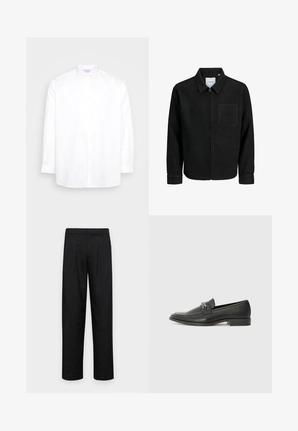 Mustaga lukuga jakker, millel on krae ja üks rinna-tasku, esitatud valgel taustal.; Valge pikkade varrukatega nööbitav särk, mis on valmistatud puuvillast. Omab teravat kraed ja kuut nööpi ettepoole. Sile tekstuur, tavaline lõige.; Mustad mustadest riietest, millel on sirge jalgade disain, kaks eesmist voltimist ja tavaline vöökoht, millel on vöökohad.; Must haveate nahkking punased, millel on sile viimistlus, tikitud muster ja dekoratiivne metallkett vampi üle. Tasane konts.