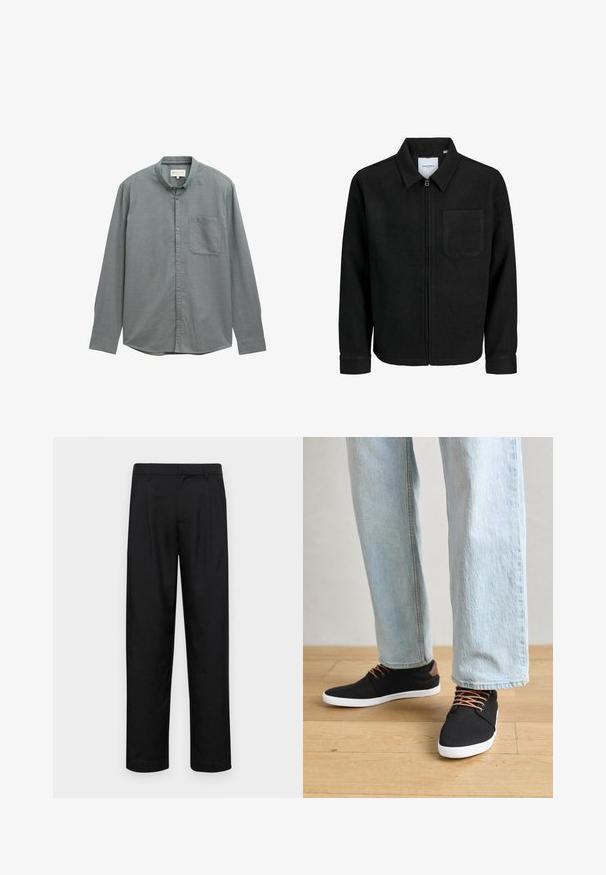 Črna jakna z zadrgo in ovratnikom ter enim žepom na prsih, prikazana na beli podlagi.; Svetlo siva košulja s dugim rukavima, razrezanim ovratnikom i jednim džepom na prsima. Izrađena od mekog, teksturiranog materijala.; Črne hlače iz gladkega materiala, s krojem ravne noge, dvema sprednjima pregiboma in standardnim pasom z zankami za pas.; Črne platnene superge z rjavimi poudarki, belimi gumijastimi podplati in rjavimi vezalkami, v kombinaciji s svetlobluzimi naravnost krojenimi kavbojkami. Ozadje iz lesenih tal.