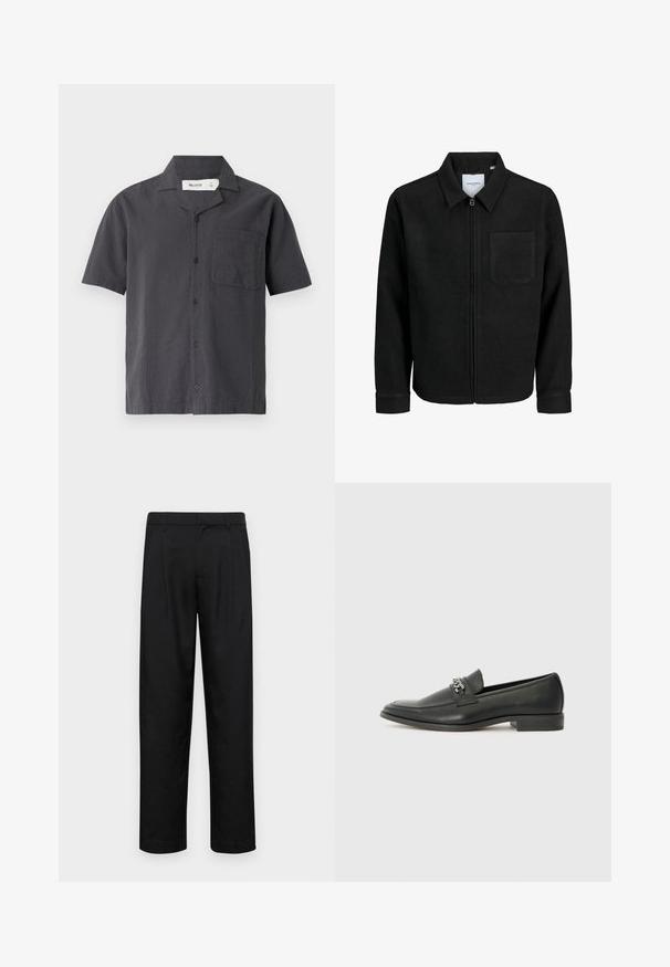 Črna jakna z zadrgo in ovratnikom ter enim žepom na prsih, prikazana na beli podlagi.; Srajca s kratkimi rokavi in gumbom v temno sivi barvi z teksturirano tkanino. Ima kamp ovratnik in sprednji žep na prsih za dodatno podrobnost.; Črne hlače iz gladkega materiala, s krojem ravne noge, dvema sprednjima pregiboma in standardnim pasom z zankami za pas.; Črni usnjeni loafer z gladko površino, ki ima šivano zasnovo in dekorativni kovinski verižni naglas preko vampirja. Ravno peto.