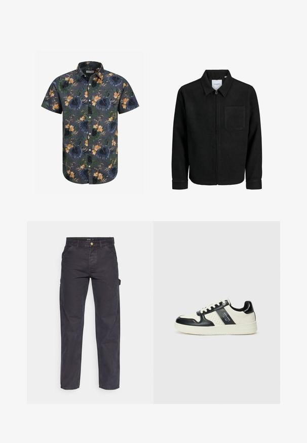 Chaqueta negra con cremallera y cuello, con un solo bolsillo en el pecho, expuesta sobre un fondo blanco.; Camisa de mangas cortas en tejido gris oscuro con un patrón floral tropical en tonos verde, naranja y amarillo. Diseño de botón con cuello.; Pantalones cargo de color gris oscuro, confeccionados con un tejido duradero, que presentan un corte recto, cinco bolsillos y un cierre de botón en la cintura.; Zapatillas de cuero con un esquema de colores negro y crema, que cuentan con acentos perforados, un collar acolchado y una suela texturizada.