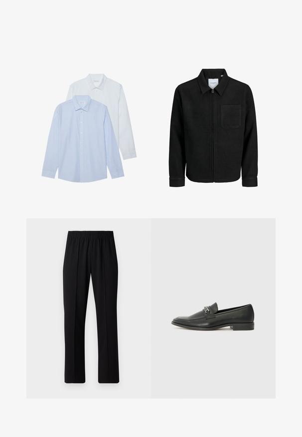 Black zip-up jacket with collar and single chest pocket, displayed on white background.; Two long-sleeve shirts: one light blue with thin vertical stripes, the other solid white. Both feature collared necks and button fronts.; Black, elastic-waist trousers with a straight-leg design, featuring a smooth texture and no visible patterns or hardware.; Black leather loafer with a smooth finish, featuring a stitched design and a decorative metal chain accent across the vamp. Flat heel.