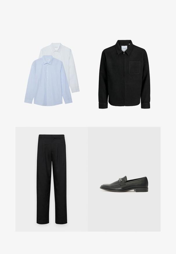 Schwarze Zip-Jacke mit Kragen und einer einzelnen Brusttasche, auf weißem Hintergrund präsentiert.; Zwei Langarmhemden: eines hellblau mit dünnen vertikalen Streifen, das andere einfarbig weiß. Beide haben einen Kragen und eine Knopfleiste.; Schwarze Hose aus glattem Stoff, mit geradem Bein Design, zwei vorderen Falten und einem Standardbund mit Gürtelschlaufen.; Schwarzer Lederloafer mit glatter Oberfläche, ausgestattet mit einer gesteppten Gestaltung und einem dekorativen Metallkettendetail über dem Vorderblatt. Flacher Absatz.