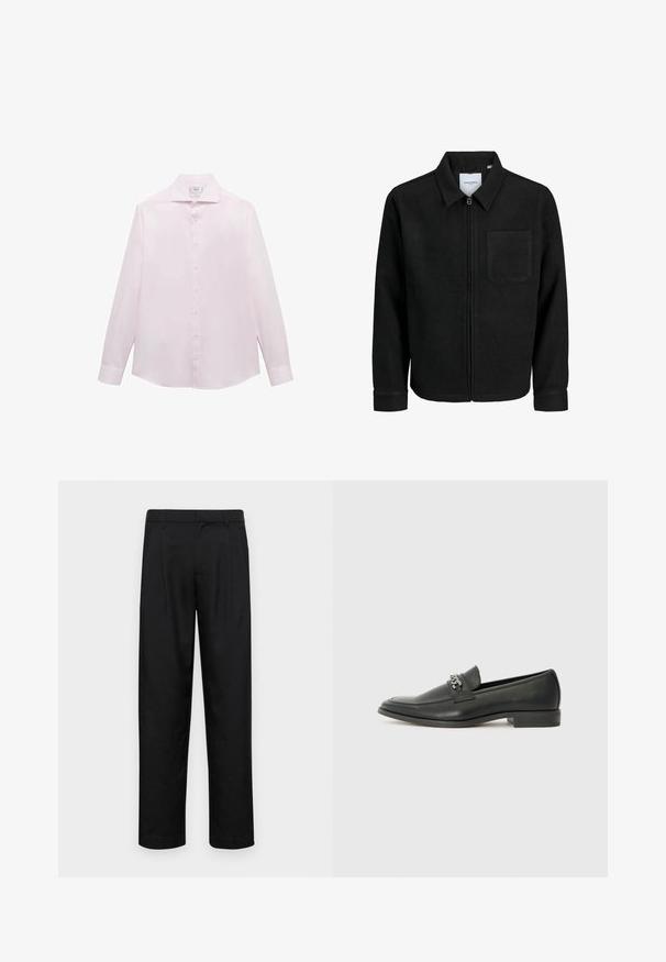 Čierna zipsová bunda s golierom a jednou náprsníkou, vystavená na bielom pozadí.; Ružová košeľa s dlhým rukávom a klasickým golierom, so siedmimi bielymi gombíkmi po celej prednej časti a zakriveným lemom. Hladký, ľahký materiál.; Čierne nohavice vyrobené z hladkej tkaniny, s rovnými nohavicami, dvoma prednými skladmi a štandardným pásom s pútkami na opasok.; Čierne kožené loafers s hladkým povrchom, s prešitým dizajnom a dekoratívnym kovovým reťazovým akcentom cez priehlavok. Plochý podpätok.