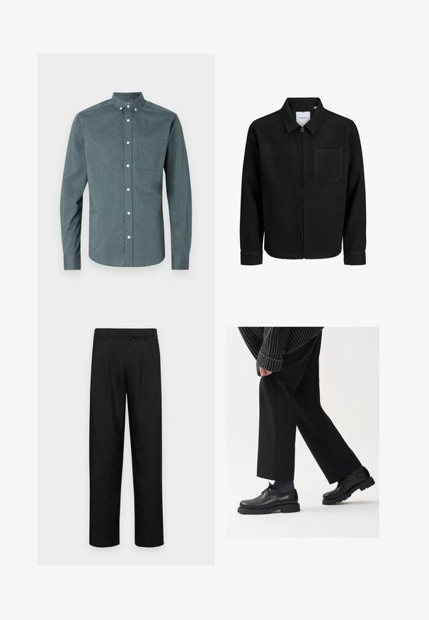 Zwarte zip-up jas met kraag en enkele borstzak, weergegeven op een witte achtergrond.; Overhemd met knopen in diep teal, lange mouwen, knoop-ondernek, één borstzak, voorzien van witte knopen en een gestructureerde stof.; Zwarte broeken van gladde stof, met een recht model, twee voorknikken en een standaard tailleband met riemlussen.; Zwarte leren schoenen met een afgeronde neus, vetersluiting en een dikke, getextureerde zool. Draagt een gepaste zwarte broek en een geribbelde trui.