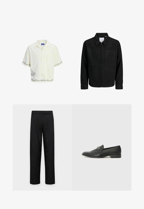 Veste zippée noire avec col et poche poitrine unique, présentée sur fond blanc.; Chemise à manches courtes de couleur crème claire avec un col, arborant un motif de croquis gris sur le devant et des détails de bordure décoratifs.; Pantalons noirs en tissu lisse, avec une coupe droite, deux plis avant et une taille standard avec passants de ceinture.; Mocassin en cuir noir avec une finition lisse, présentant un design cousu et une accent décoratif en chaîne métallique sur le rand. Talon plat.