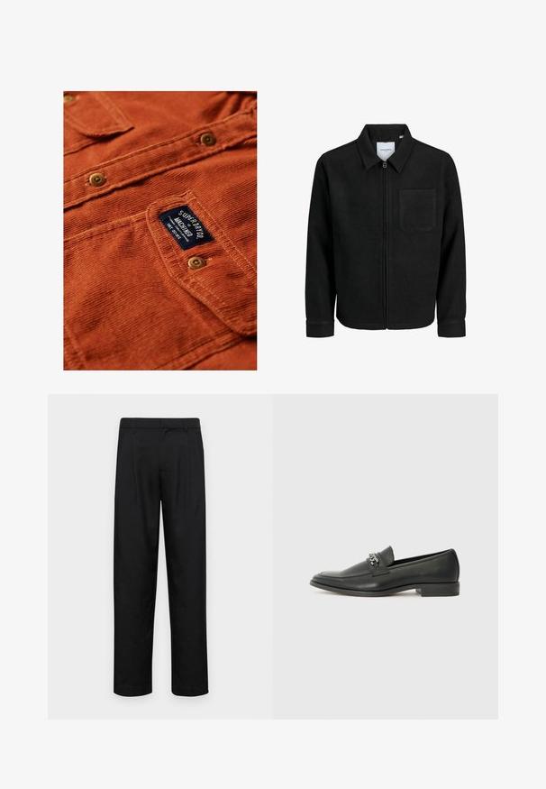 Sort lynlåsjakke med krave og en enkelt brystlomme, vist på hvid baggrund.; Superdry & Co TRAILS - Skjorter - clay orange; Sorte bukser lavet af glat stof, med et lige ben-design, to frontfolder og en standard talje med bæltestropper.; Sorte læder loafers med en glat finish, der har et syet design og et dekorativt metal kædeaccent hen over vamps. Flad hæl.