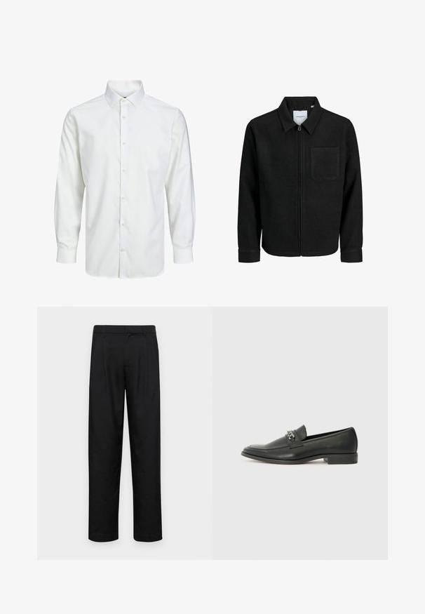 Čierna zipsová bunda s golierom a jednou náprsníkou, vystavená na bielom pozadí.; Biela košeľa s dlhým rukávom a gombíkmi, vyrobená z hladkého materiálu, s klasickým golierom, predným zapínaním na gombíky a gombíkovými manžetami.; Čierne nohavice vyrobené z hladkej tkaniny, s rovnými nohavicami, dvoma prednými skladmi a štandardným pásom s pútkami na opasok.; Čierne kožené loafers s hladkým povrchom, s prešitým dizajnom a dekoratívnym kovovým reťazovým akcentom cez priehlavok. Plochý podpätok.