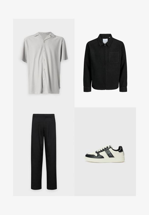 Crna jakna na zip s ovratnikom i jednim džepom na prsima, prikazana na bijeloj pozadini.; Košulja kratkih rukava svijetlosive boje, izrađena od rebrastog materijala, s opuštenim krojem, kragnom i pet metalnih dugmadi sprijeda.; Crne hlače od glatkog materijala, s dizajnom ravnih nogavica, dva prednja nabora i standardnim pojasom s petljama za remen.; Kožne tenisice s crno-bijelom paletom boja, koje imaju perforirane akcentne detalje, podstavljeni ovratnik i teksturiranu potplat.