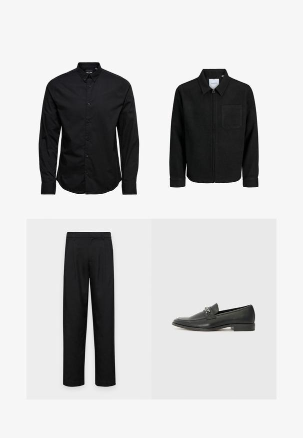 Schwarze Zip-Jacke mit Kragen und einer einzelnen Brusttasche, auf weißem Hintergrund präsentiert.; Schwarze Langarmhemd mit Knopfleiste aus Baumwolle. Es verfügt über einen klassischen Kragen, vordere Knöpfe und einen geraden Saum ohne Muster oder Verzierungen.; Schwarze Hose aus glattem Stoff, mit geradem Bein Design, zwei vorderen Falten und einem Standardbund mit Gürtelschlaufen.; Schwarzer Lederloafer mit glatter Oberfläche, ausgestattet mit einer gesteppten Gestaltung und einem dekorativen Metallkettendetail über dem Vorderblatt. Flacher Absatz.