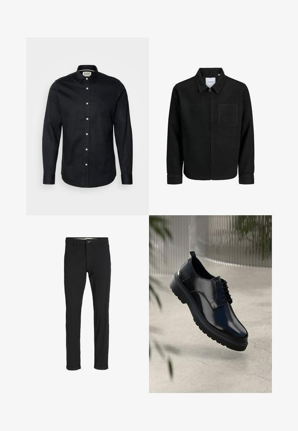 Veste zippée noire avec col et poche poitrine unique, présentée sur fond blanc.; Chemise noire à manches longues en coton, avec un col à boutons, une fermeture à boutons à l'avant et un petit logo brodé sur la poitrine.; Pantalons noirs en mélange de coton avec une coupe slim, dotés d'une fermeture à bouton, de poches et de revers pour une finition décontractée.; Chaussure en cuir noir avec une finition brillante, bout rond, design à lacets, surpiqûres contrastantes, et semelle épaisse en caoutchouc avec motifs de relief.