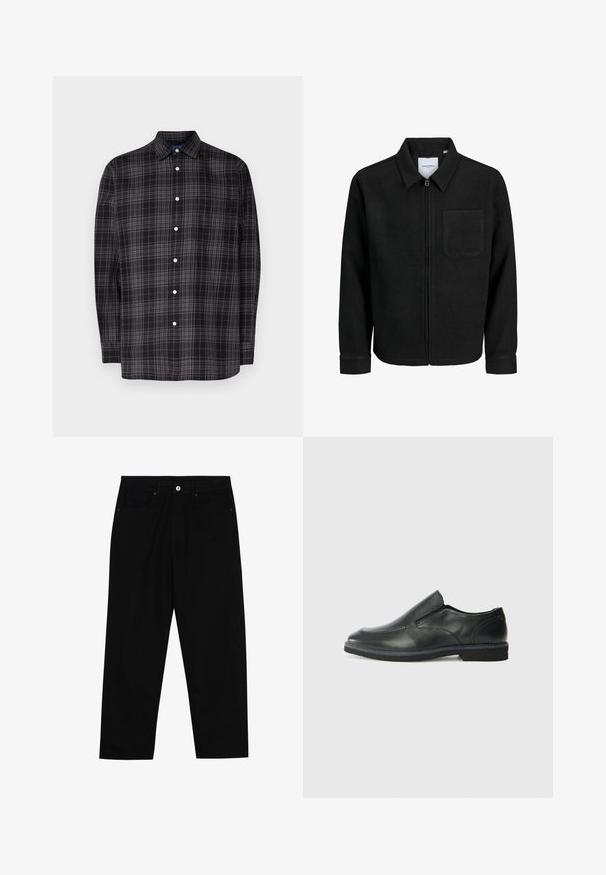Čierna zipsová bunda s golierom a jednou náprsníkou, vystavená na bielom pozadí.; Košeľa na gombíky v čierno-sivej kárované vzore, s dlhými rukávmi, golierom, jednou náprsní kapse a bielymi gombíkmi. Vyrobená z ľahkej tkaniny.; Čierne denimmové nohavice s rovný strihom, dizajnom s piatimi vreckami a upínaním na prednej strane. Hladká textúra s minimálnymi detailmi šitia.; Čierny kožený nazúvací topánka s hladkým zvrškom, prešitými akcentmi, zaoblenou špičkou a nízkym gumovým podpätkom. Podošva má minimálny dezén.
