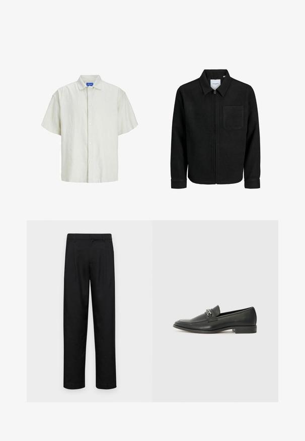 Chaqueta negra con cremallera y cuello, con un solo bolsillo en el pecho, expuesta sobre un fondo blanco.; Camisa de manga corta, de color verde claro, con botones, hecha de una tela texturizada, que presenta un cuello clásico y seis botones blancos en el frente.; Pantalones negros de tela suave, con un diseño de pierna recta, dos pliegues frontales y una cintura estándar con trabillas para el cinturón.; Mocasín de cuero negro con un acabado suave, que cuenta con un diseño de costura y un acento decorativo de cadena de metal en el empeine. Tacón plano.