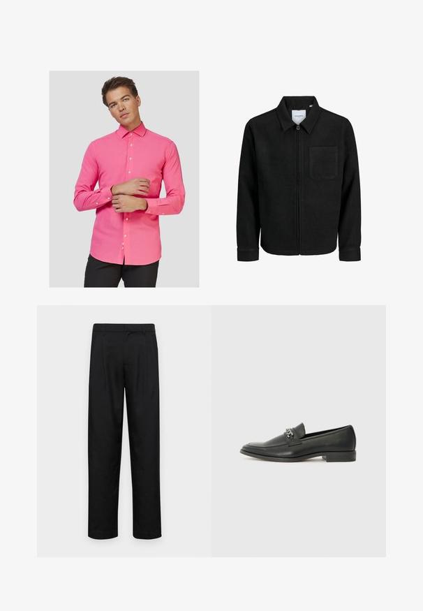 Giacca nera con zip, colletto e una tasca sul petto, mostrata su sfondo bianco.; Camicia a maniche lunghe rosa con colletto button-down, caratterizzata da un taglio slim, una texture liscia e bottoni bianchi lungo la parte frontale e sui polsini.; Pantaloni neri realizzati in tessuto liscio, caratterizzati da un taglio dritto, due pieghe frontali e una vita standard con passanti per la cintura.; Mocassino in pelle nera con finitura liscia, caratterizzato da un design cucito e da un accento decorativo in catena metallica sul vamp. Tacco piatto.