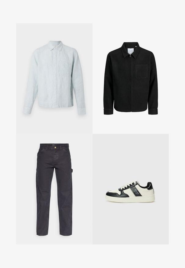 Jachetă neagră cu fermoar, cu guler și un singur buzunar pe piept, expusă pe fundal alb.; Cămașă cu dungi albastre deschise, cu nasturi, din material moale texturat, cu mâneci lungi, buzunar pe piept și guler clasic.; Pantaloni cargo gri închis, confecționați dintr-un material durabil, cu croială dreaptă, cinci buzunare și închidere cu nasture la talie.; Tenisi din piele cu un scheme de culori negru și crem, dotati cu accente perforate, guler căptușit și o talpă texturată.