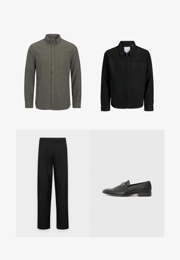 Svart zip-jacka med krage och en enda bröstficka, visad på vit bakgrund.; Grön skjorta med knappar i texturerad tyg, med spetsig krage, ett enkelt bröstfack och långa ärmar med knäppta manschetter.; Svarta byxor i slät väv, med rak ben-design, två framfickor och standardmidja med bälteshällor.; Svart läderloafers med en slät yta, med en sydd design och en dekorativ metallkedjeaccent över västen. Platt häldesign.