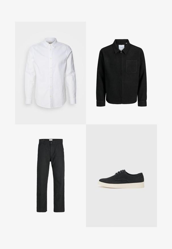 Čierna zipsová bunda s golierom a jednou náprsníkou, vystavená na bielom pozadí.; Biela košeľa s dlhým rukávom, vyrobená z bavlny, s pevným golierom, jemným vyšívaným logom a svetlobežovými gombíkmi.; Čierne nohavice vyrobené z odolného materiálu, s rovnými nohavicami, prešitými detailmi a dvoma prednými vreckami pre väčšiu funkčnosť.; Čierne semišové šnurovacie topánky s okrúhlou špičkou, ľahkou krémovou podrážkou a jemnými modrými švy na vrchu.