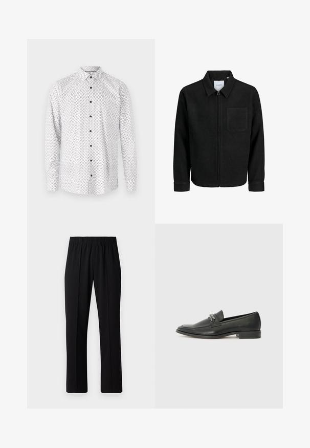 Black zip-up jacket with collar and single chest pocket, displayed on white background.; White long-sleeve shirt with a small repeated pattern of circles in dark brown. Features a button-up front and standard collar.; Black, elastic-waist trousers with a straight-leg design, featuring a smooth texture and no visible patterns or hardware.; Black leather loafer with a smooth finish, featuring a stitched design and a decorative metal chain accent across the vamp. Flat heel.