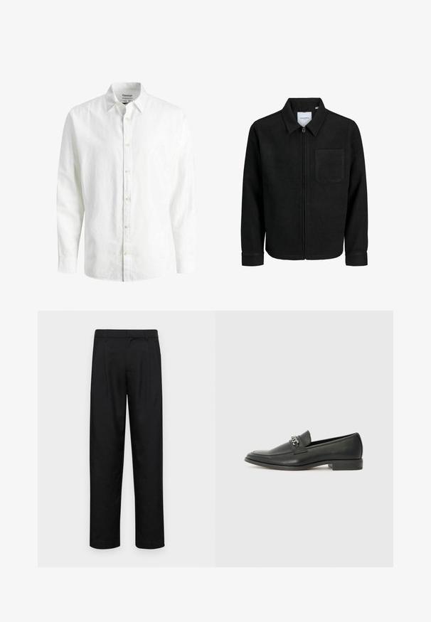 Zwarte zip-up jas met kraag en enkele borstzak, weergegeven op een witte achtergrond.; Witte lange mouwshirt van linnen, met een button-down kraag, knopen aan de voorkant en een ruime pasvorm. De textuur van de stof is zichtbaar.; Zwarte broeken van gladde stof, met een recht model, twee voorknikken en een standaard tailleband met riemlussen.; Zwarte leren instapper met een gladde afwerking, voorzien van een gestikt ontwerp en een decoratieve metalen kettingaccent over de wreef. Platte hak.