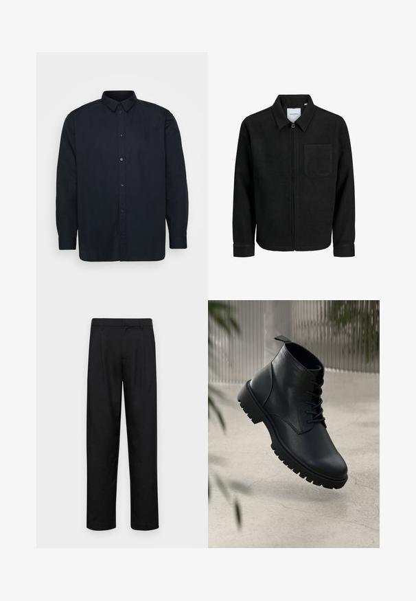 Schwarze Zip-Jacke mit Kragen und einer einzelnen Brusttasche, auf weißem Hintergrund präsentiert.; Schwarzes Hemd aus Baumwolle mit klassischem Kragen, langen Ärmeln und sieben Knöpfen vorne. Glatte Textur, keine auffälligen Muster.; Schwarze Hose aus glattem Stoff, mit geradem Bein Design, zwei vorderen Falten und einem Standardbund mit Gürtelschlaufen.; Schwarze Lederstiefeletten mit runder Zehenform, Schnürdesign und robustem Gummisohle. Glatte Textur mit einer Zuglasche an der Rückseite.