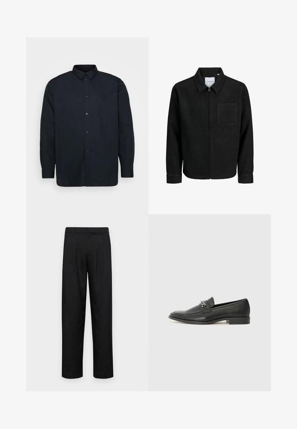 Giacca nera con zip, colletto e una tasca sul petto, mostrata su sfondo bianco.; Camicia nera con bottoni in cotone, caratterizzata da un colletto classico, maniche lunghe e sette bottoni frontali. Texture liscia, senza motivi notevoli.; Pantaloni neri realizzati in tessuto liscio, caratterizzati da un taglio dritto, due pieghe frontali e una vita standard con passanti per la cintura.; Mocassino in pelle nera con finitura liscia, caratterizzato da un design cucito e da un accento decorativo in catena metallica sul vamp. Tacco piatto.