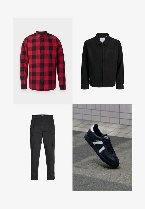 Giacca nera con zip, colletto e una tasca sul petto, mostrata su sfondo bianco.; Camicia di flanella a quadri rossi e neri con chiusura a bottoni, maniche lunghe e colletto. Presenta un classico motivo a tartan.; Pantaloni cargo neri realizzati in un tessuto resistente, dotati di molteplici tasche, chiusura con bottone e un design aderente con gambe affusolate.; Sneaker neri in pelle con strisce bianche, suola in gomma texturizzata e allacciatura frontale. Presenta un'etichetta con il marchio sulla linguetta.