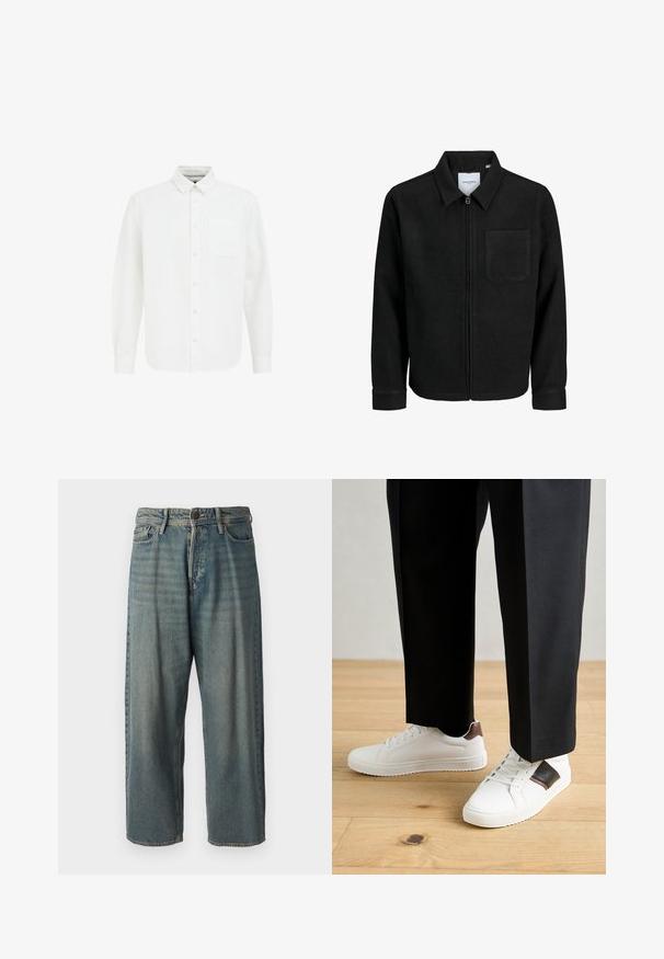 Juodas džemperis su užtrauktuku, apykakle ir vienu krūtiniu kišenėje, pristatytas baltame fone.; Balta mygtukinė marškiniai su ilgomis rankovėmis, taškais apykakle, priekinėmis kišenėmis ir minkšta medvilnė. Yra tiesi apatinė dalis ir klasikinis dizainas.; Šviesiai mėlyni džinsai su laisvu siluetu, vidutinio aukščio juosmeniu ir tiesiomis kojomis. Su penkiais kišenėmis, diržo kilpo ir mygtukų uždarymu.; Balti sportbačiai su glotnia danga, puošti rudais odiniais akcentais ir juodais detalėmis, derinami su juodais pritaikytais kelnėmis. Medinių grindų fonas.