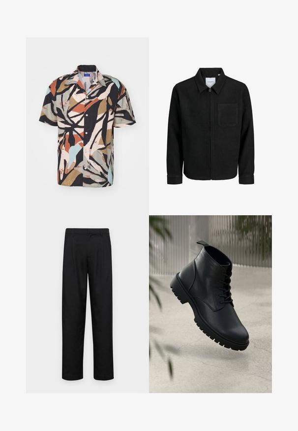 Fekete, zipzáros dzseki gallérral és egyetlen mellzsebbel, fehér háttéren.; Rövid ujjú, gombos ing, amely színes, absztrakt levélmintával díszített fekete háttéren, könnyű anyagból készült, laza szabású.; Fekete nadrág sima anyagból, egyenes szárú fazonnal, két elülső redővel és közönséges derékkal, övhurkokkal.; Fekete bőr bokacsizmák lekerekített orral, fűzős dizájnnal és strapabíró gumitalppal. Simább textúrájú, hátul húzófüllel ellátva.