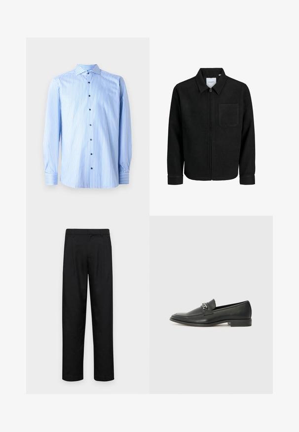 Mustaga lukuga jakker, millel on krae ja üks rinna-tasku, esitatud valgel taustal.; Hele helesinine nööbitav särg, millel on valged vertikaalsed triibud, pikad varrukad ja laia kaeluse. Särgil on sinised nööbid ja mansettide aktsendid.; Mustad mustadest riietest, millel on sirge jalgade disain, kaks eesmist voltimist ja tavaline vöökoht, millel on vöökohad.; Must haveate nahkking punased, millel on sile viimistlus, tikitud muster ja dekoratiivne metallkett vampi üle. Tasane konts.