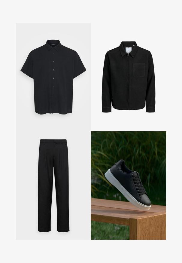 Chaqueta negra con cremallera y cuello, con un solo bolsillo en el pecho, expuesta sobre un fondo blanco.; Camisa de botones de manga corta en color negro hecha de una tela texturada, con cuello y botones frontales, que presenta un corte relajado.; Pantalones negros de tela suave, con un diseño de pierna recta, dos pliegues frontales y una cintura estándar con trabillas para el cinturón.; Zapatilla negra de cuero con una textura suave, suela de goma blanca y seis ojetes para cordones, exhibida sobre una superficie de madera.