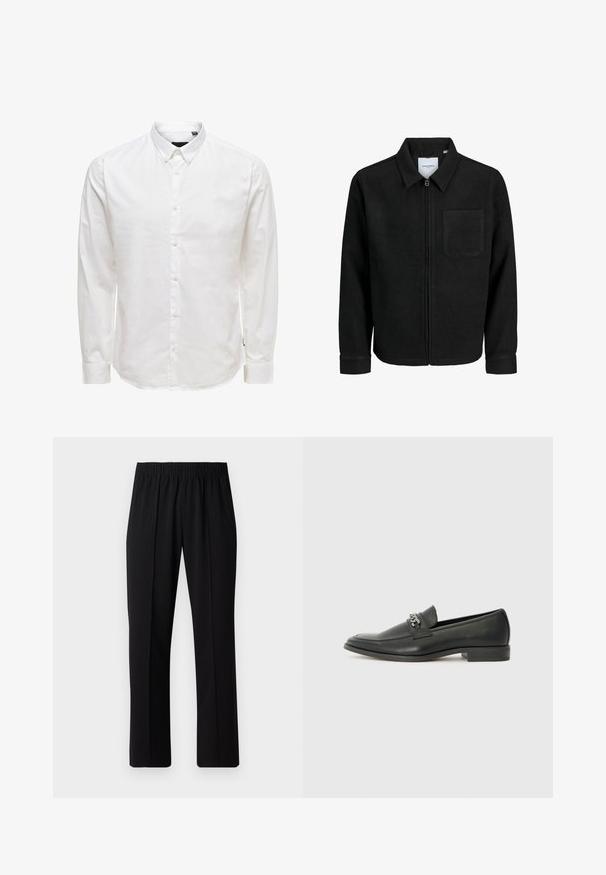 Black zip-up jacket with collar and single chest pocket, displayed on white background.; White long-sleeve button-up shirt with a collar, featuring a smooth texture and six front buttons. Tailored fit with cuffed sleeves.; Black, elastic-waist trousers with a straight-leg design, featuring a smooth texture and no visible patterns or hardware.; Black leather loafer with a smooth finish, featuring a stitched design and a decorative metal chain accent across the vamp. Flat heel.