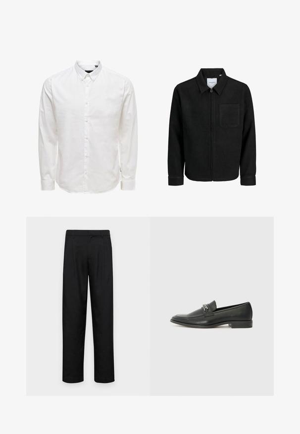 Schwarze Zip-Jacke mit Kragen und einer einzelnen Brusttasche, auf weißem Hintergrund präsentiert.; Weißes Langarm-Hemd mit Knopfleiste und Kragen, mit glatter Textur und sechs Vorderknöpfen. Taillierte Passform mit geknöpften Ärmeln.; Schwarze Hose aus glattem Stoff, mit geradem Bein Design, zwei vorderen Falten und einem Standardbund mit Gürtelschlaufen.; Schwarzer Lederloafer mit glatter Oberfläche, ausgestattet mit einer gesteppten Gestaltung und einem dekorativen Metallkettendetail über dem Vorderblatt. Flacher Absatz.