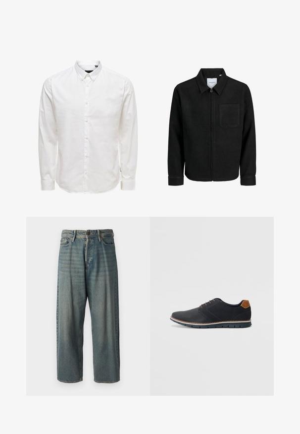 Giacca nera con zip, colletto e una tasca sul petto, mostrata su sfondo bianco.; Camicia bianca a maniche lunghe con colletto, caratterizzata da una texture liscia e sei bottoni frontali. Vestibilità sartoriale con maniche con polsini.; Jeans di denim azzurro chiaro con vestibilità ampia, vita media e gambe dritte. Presenta cinque tasche, passanti per cintura e chiusura con bottone.; Scarpe sintetiche nere con tomaia testurizzata, dettagli lisci, tacco marrone e suola a contrasto. Presentano una lacerazione minimale e dettagli di cucitura.