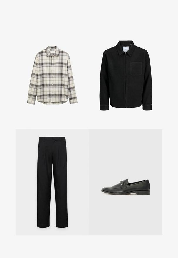 Zwarte zip-up jas met kraag en enkele borstzak, weergegeven op een witte achtergrond.; Langarmige geruite overhemd in beige en grijstinten, met een button-down kraag en een rechte zoom. Gemaakt van gestructureerde stof.; Zwarte broeken van gladde stof, met een recht model, twee voorknikken en een standaard tailleband met riemlussen.; Zwarte leren instapper met een gladde afwerking, voorzien van een gestikt ontwerp en een decoratieve metalen kettingaccent over de wreef. Platte hak.