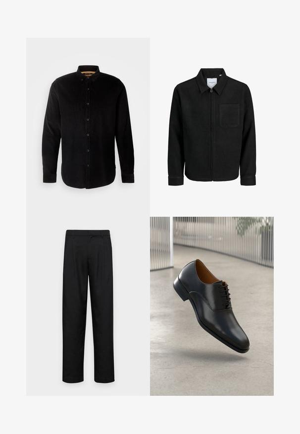 Črna jakna z zadrgo in ovratnikom ter enim žepom na prsih, prikazana na beli podlagi.; INDICODE JEANS Srajca - black; Črne hlače iz gladkega materiala, s krojem ravne noge, dvema sprednjima pregiboma in standardnim pasom z zankami za pas.; Črne usnjene oblečne čevlje z gladko površino, koničastim nosom in vezalnim dizajnom. Imajo subtilen šiv ob podplatu.