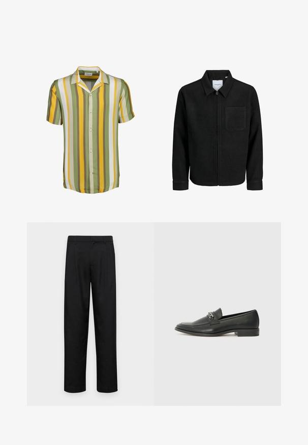 Sort lynlåsjakke med krave og en enkelt brystlomme, vist på hvid baggrund.; Knap-up kortærmet skjorte med grønne, gule og hvide lodrette striber, med en camp krave og rundet søm. Glat stoftekstur.; Sorte bukser lavet af glat stof, med et lige ben-design, to frontfolder og en standard talje med bæltestropper.; Sorte læder loafers med en glat finish, der har et syet design og et dekorativt metal kædeaccent hen over vamps. Flad hæl.
