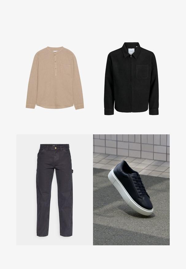 Sort lynlåsjakke med krave og en enkelt brystlomme, vist på hvid baggrund.; Beige langærmet skjorte med henley halsudskæring, knaplukning, venstre brystlomme, blød tekstur og rundet kant.; Mørkegrå cargo-bukser lavet af slidstærkt stof, med lige ben, fem lommer og en knaplukning i taljen.; Sort lædersneaker med rund tå og hvid gummisål. Har flade snørebånd og minimal syning på overdelen. Tekstureret sål for bedre greb.