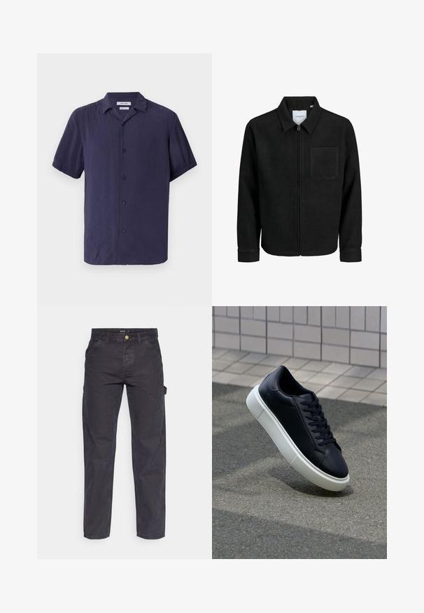 Černá zipová bunda s límečkem a jednou kapsou na hrudi, vystavená na bílém pozadí.; Košile s krátkým rukávem, na knoflíky, tmavě modré barvy, vyrobená z lehkého materiálu s hladkou texturou a klasickým límečkem.; Tmavě šedé cargo kalhoty vyrobené z odolné látky, s rovnými nohavicemi, pěti kapsami a knoflíkovým zapínáním v pase.; Černé kožené tenisky s kulatou špičkou a bílou gumovou podrážkou. mají ploché tkaničky a minimální šití na svršku. Texturovaná podrážka pro lepší přilnavost.