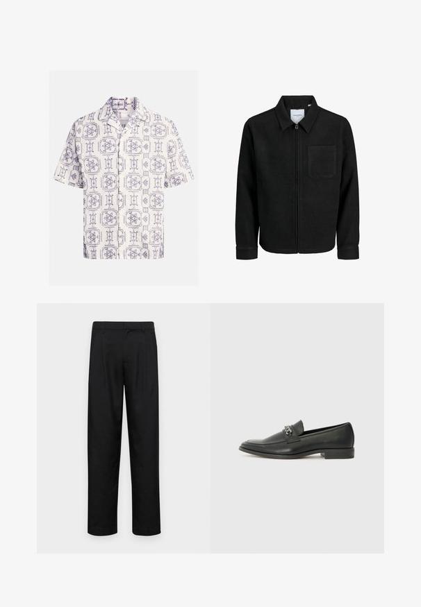 Black zip-up jacket with collar and single chest pocket, displayed on white background.; Short-sleeved shirt in cream and navy, featuring an all-over pattern of floral and geometric designs, with a notched collar and front buttons.; Black trousers made of smooth fabric, featuring a straight-leg design, two front pleats, and standard waistband with belt loops.; Black leather loafer with a smooth finish, featuring a stitched design and a decorative metal chain accent across the vamp. Flat heel.