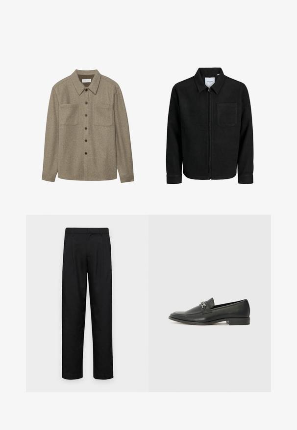 Chaqueta negra con cremallera y cuello, con un solo bolsillo en el pecho, expuesta sobre un fondo blanco.; Camisa de punto marrón con cuello puntiagudo, dos bolsillos en el pecho y botones negros. Textura suave y corte relajado.; Pantalones negros de tela suave, con un diseño de pierna recta, dos pliegues frontales y una cintura estándar con trabillas para el cinturón.; Mocasín de cuero negro con un acabado suave, que cuenta con un diseño de costura y un acento decorativo de cadena de metal en el empeine. Tacón plano.