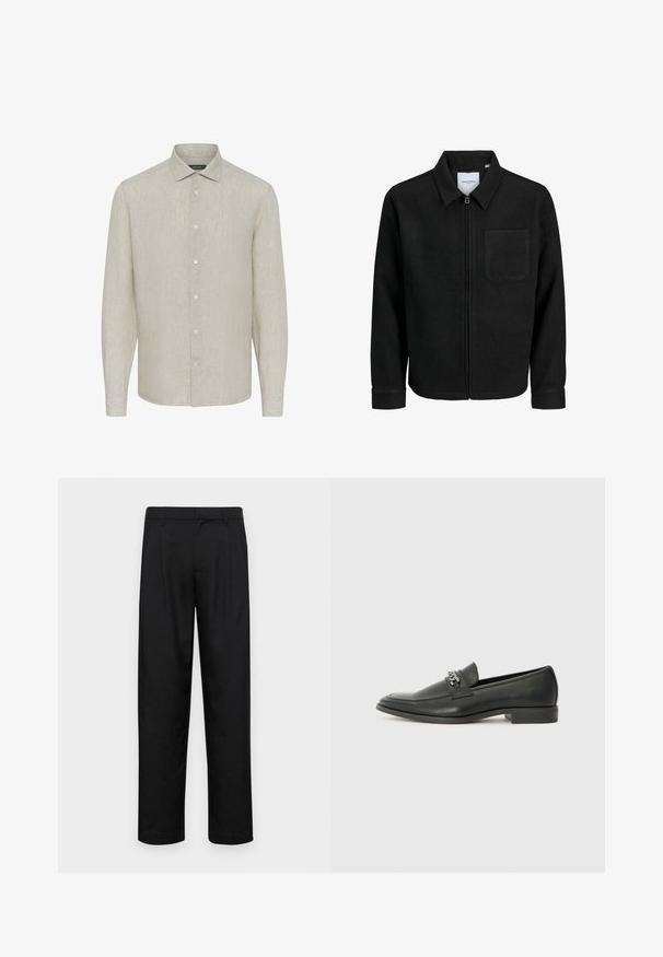 Mustaga lukuga jakker, millel on krae ja üks rinna-tasku, esitatud valgel taustal.; Helebeež värviga pika varrukaga särk, mis on valmistatud linast, ühtlase tekstuuriga, terava krae ja kuue nööbiga ees, omadustega nööpidega mansetid.; Mustad mustadest riietest, millel on sirge jalgade disain, kaks eesmist voltimist ja tavaline vöökoht, millel on vöökohad.; Must haveate nahkking punased, millel on sile viimistlus, tikitud muster ja dekoratiivne metallkett vampi üle. Tasane konts.