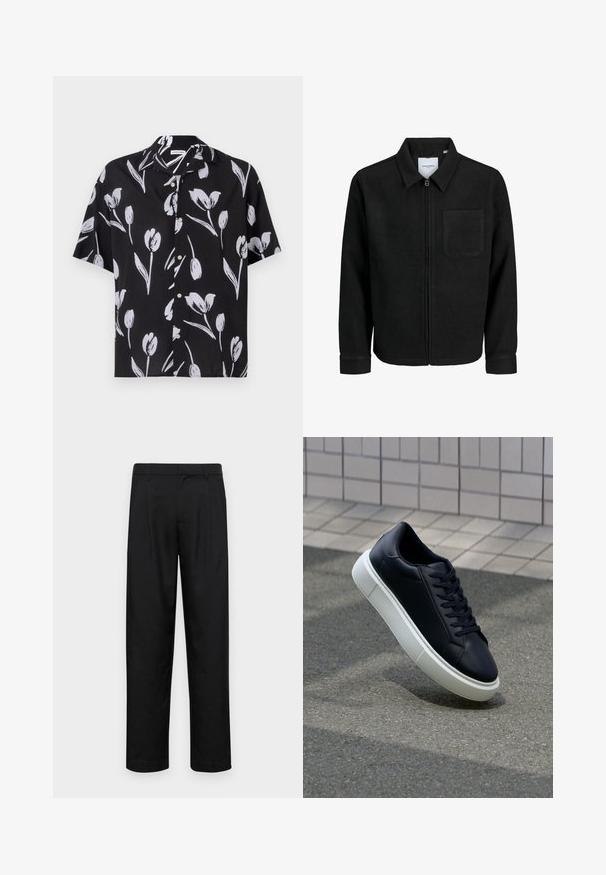 Fekete, zipzáros dzseki gallérral és egyetlen mellzsebbel, fehér háttéren.; Félújju, fekete ing fehér tulipán mintával, lenyitható elejével és laza szabással. Könnyű anyagból készült, sima tapintással.; Fekete nadrág sima anyagból, egyenes szárú fazonnal, két elülső redővel és közönséges derékkal, övhurkokkal.; Fekete bőr sportcipő lekerekített orral és fehér gumitalppal. Lapos fűzőkkel és minimális varrásokkal rendelkezik a felsőrészén. Mintás talp a tapadásért.