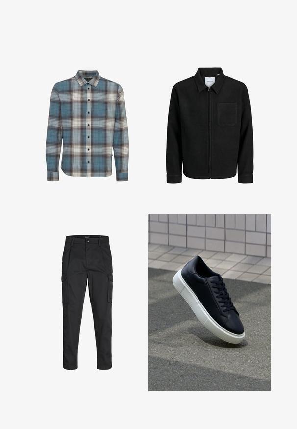 Chaqueta negra con cremallera y cuello, con un solo bolsillo en el pecho, expuesta sobre un fondo blanco.; Camisa de cuadros de manga larga en colores azul, blanco y marrón. Confeccionada en una tela suave, cuenta con un cuello estándar y cierre de botones.; Pantalones cargo negros hechos de tela resistente, que cuentan con múltiples bolsillos, un cierre de botón y un diseño de corte slim con piernas ajustadas.; Zapatilla de cuero negro con punta redonda y suela de goma blanca. Presenta cordones planos y un mínimo de costuras en la parte superior. Suela texturizada para proporcionar agarre.
