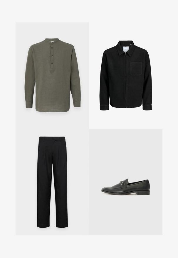 Svart zip-jacka med krage och en enda bröstficka, visad på vit bakgrund.; Grön linne skjorta med lång ärm och ståkrage, femknappsknäppning och rak nederkant. Lättviktig textur och avslappnad design.; Svarta byxor i slät väv, med rak ben-design, två framfickor och standardmidja med bälteshällor.; Svart läderloafers med en slät yta, med en sydd design och en dekorativ metallkedjeaccent över västen. Platt häldesign.