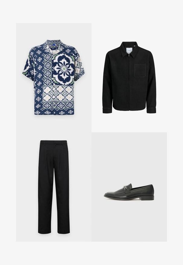 Chaqueta negra con cremallera y cuello, con un solo bolsillo en el pecho, expuesta sobre un fondo blanco.; Camisa de manga corta en azul marino con patrones florales y geométricos, con cierre de botones, tejido suave y acentos en verde y blanco contrastantes.; Pantalones negros de tela suave, con un diseño de pierna recta, dos pliegues frontales y una cintura estándar con trabillas para el cinturón.; Mocasín de cuero negro con un acabado suave, que cuenta con un diseño de costura y un acento decorativo de cadena de metal en el empeine. Tacón plano.